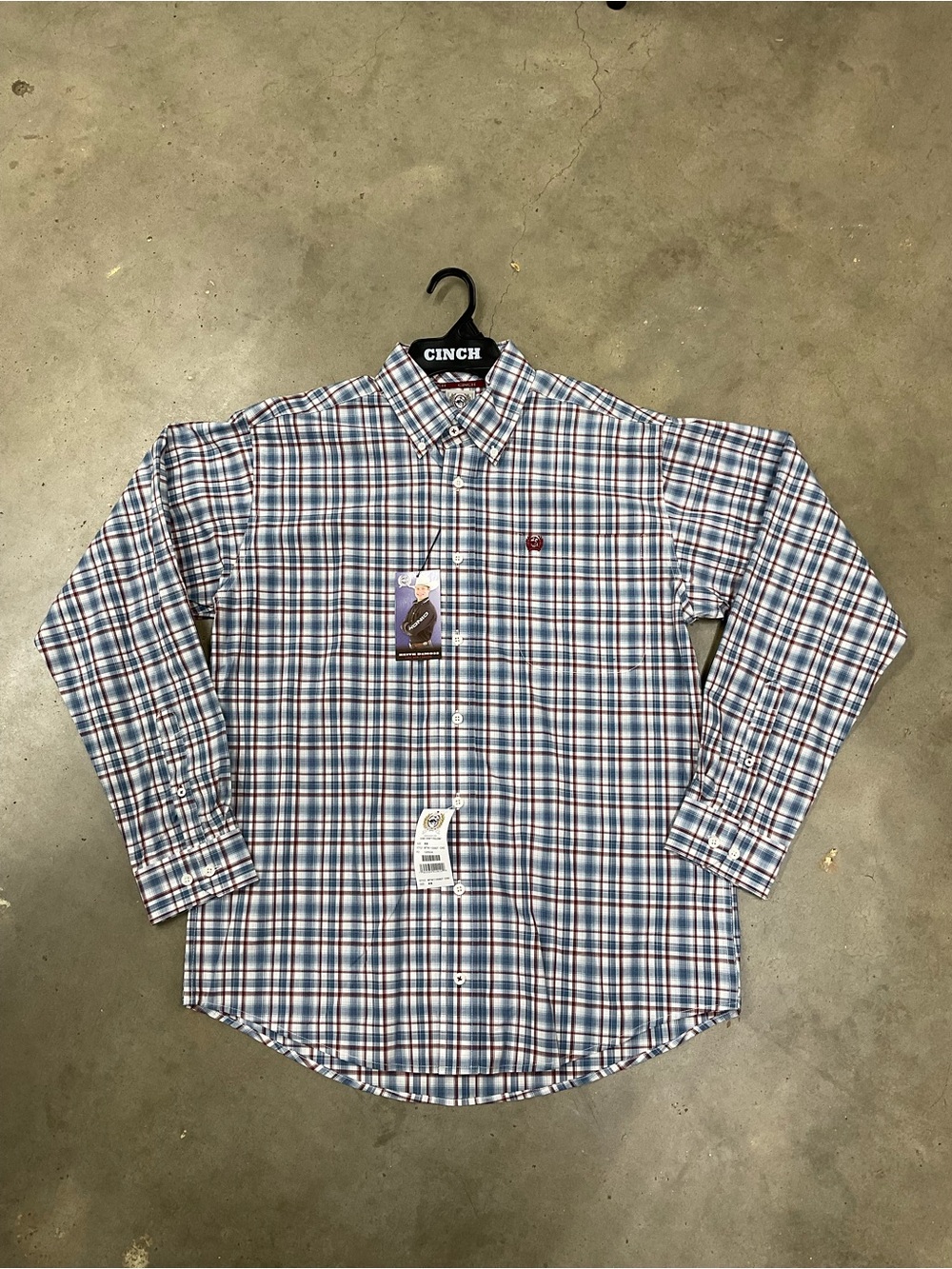 Cinch Men's Blue and White Plaid Button-Down Shirt with Red Accent